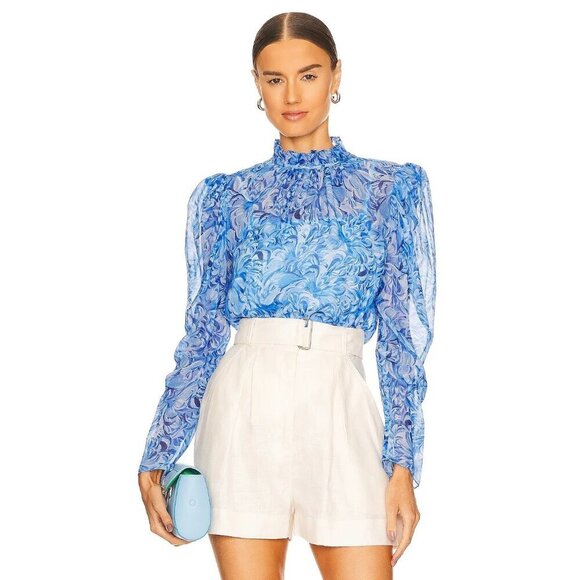 Saloni Mel B Silk Chiffon Sheer Floral Print Top Kiku Periwinkle Womens Size 8 - Picture 1 of 9